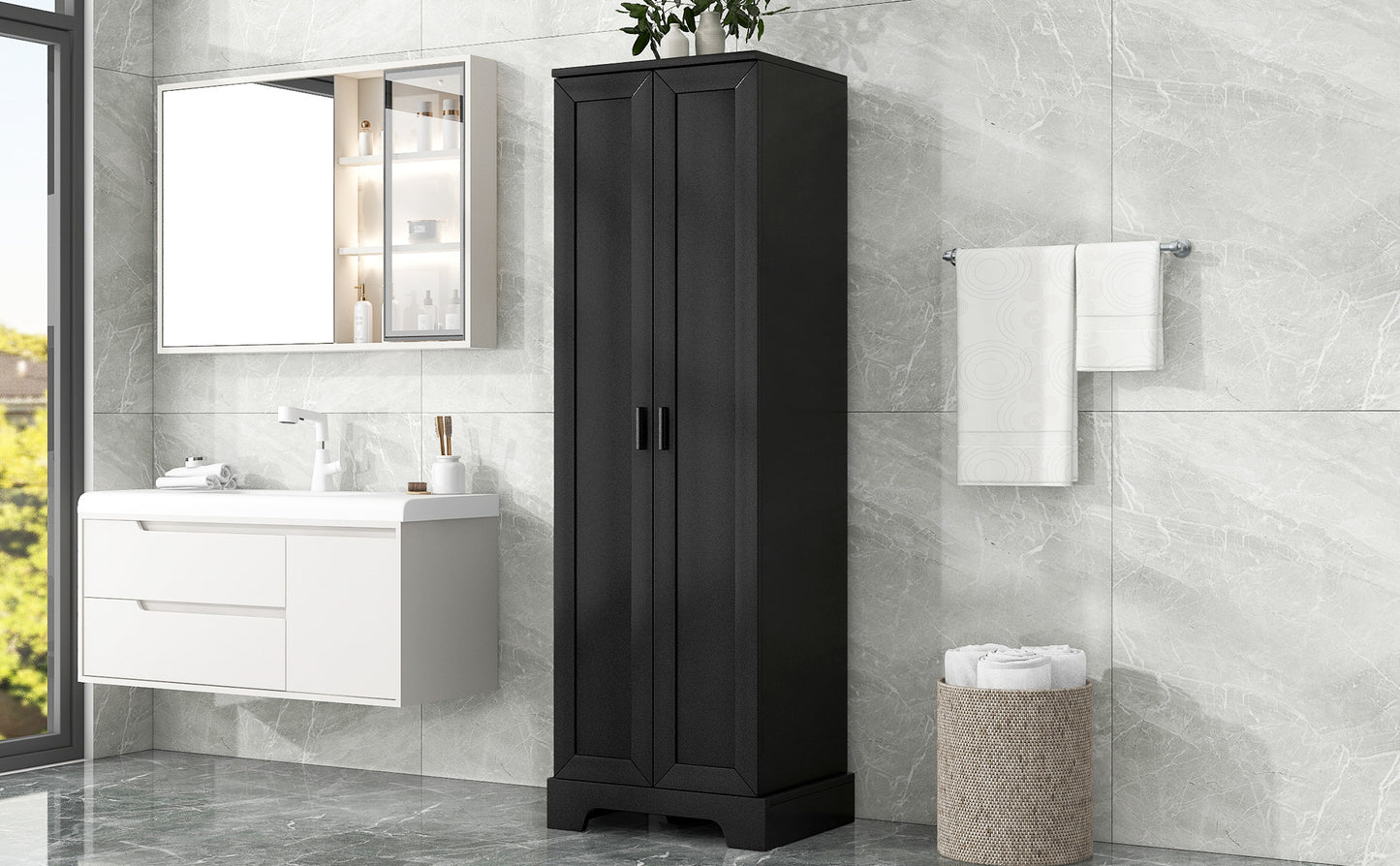 Elegant Black Storage Cabinet with Adjustable Shelves for Bathroom and Office