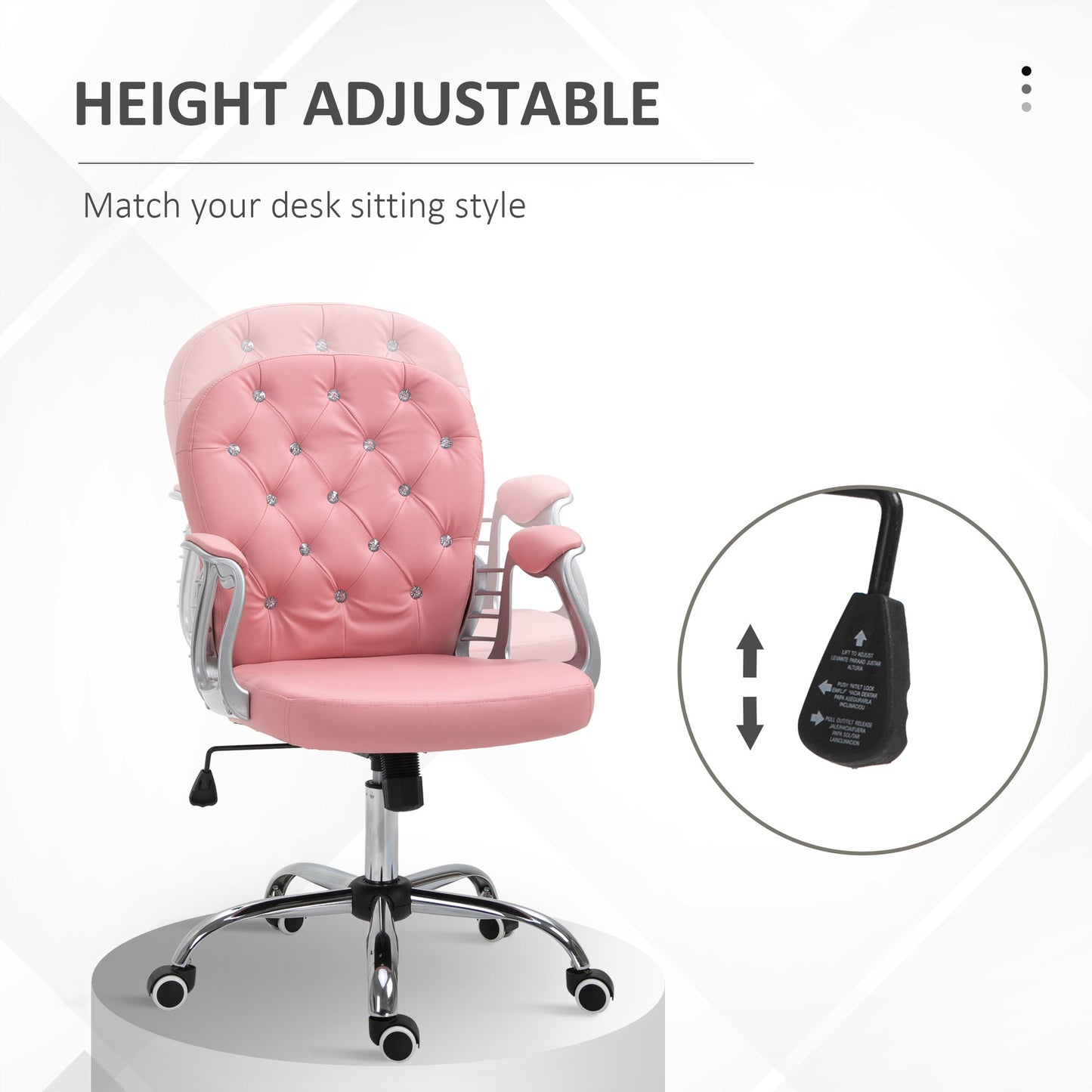 Pink Tufted PU Leather Office Chair with Adjustable Height, Swivel Wheels, and Padded Armrests