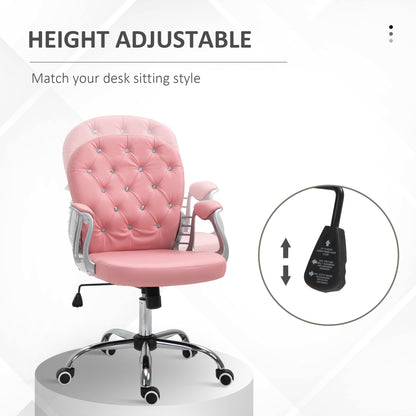 Pink Tufted PU Leather Office Chair with Adjustable Height, Swivel Wheels, and Padded Armrests