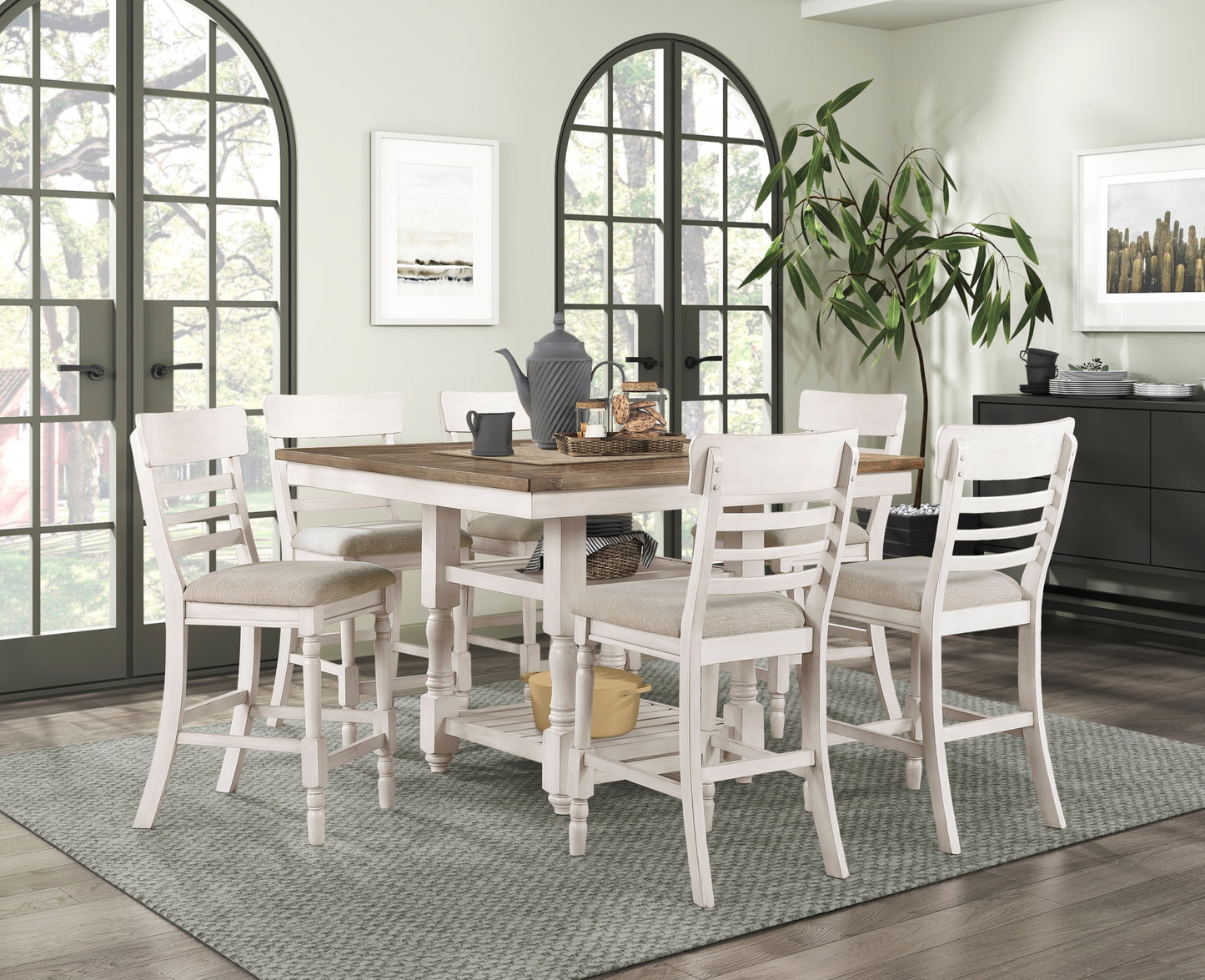 Antique White Finish Set of 2 Counter Height Chair Farmhouse Style Fabric Upholstered Seat Wooden Furniture Dining Chairs