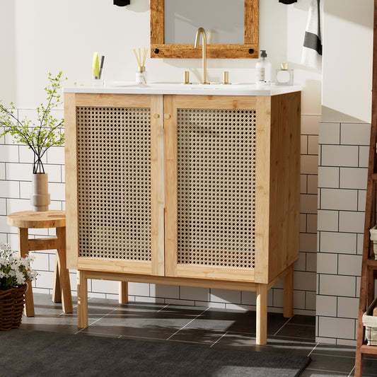 Elegant 30-Inch Natural Bamboo Bathroom Vanity with Artisanal Rattan Doors and Soft-Close Mechanism
