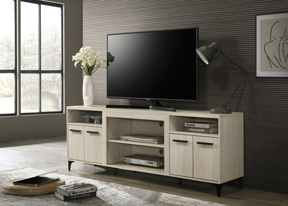 70-Inch Wood TV Stand, 4-Door Cabinet, Open Shelves, Cable Management, Living Room Console, Oak Finish