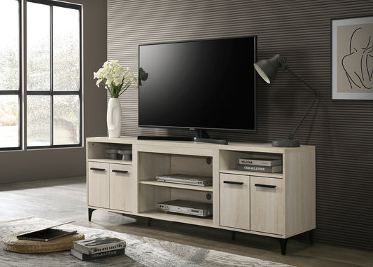 70-Inch Wood TV Stand, 4-Door Cabinet, Open Shelves, Cable Management, Living Room Console, Oak Finish