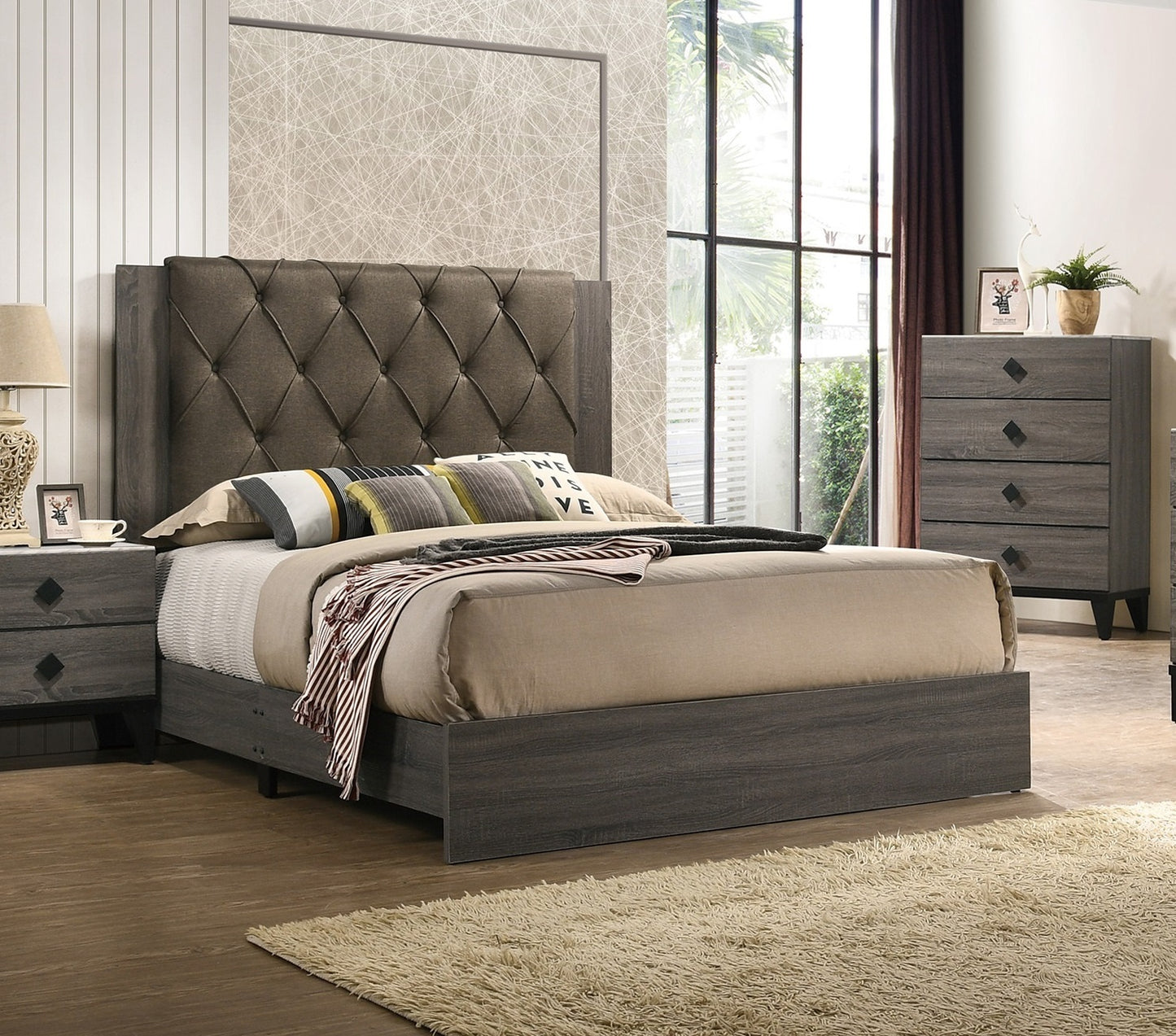 Modern Tufted Queen Bed Frame with Rubberwood Construction and Gray Finish