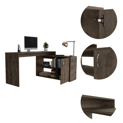 Dark Brown L-Shaped Writing Desk with Two Shelves and Storage Cabinet