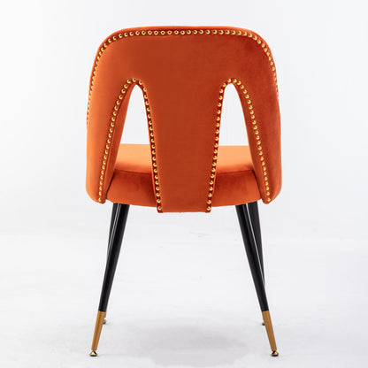 Set of 2 Velvet Upholstered Dining Chairs with Nailhead Trim and Gold-Tipped Black Metal Legs, Orange