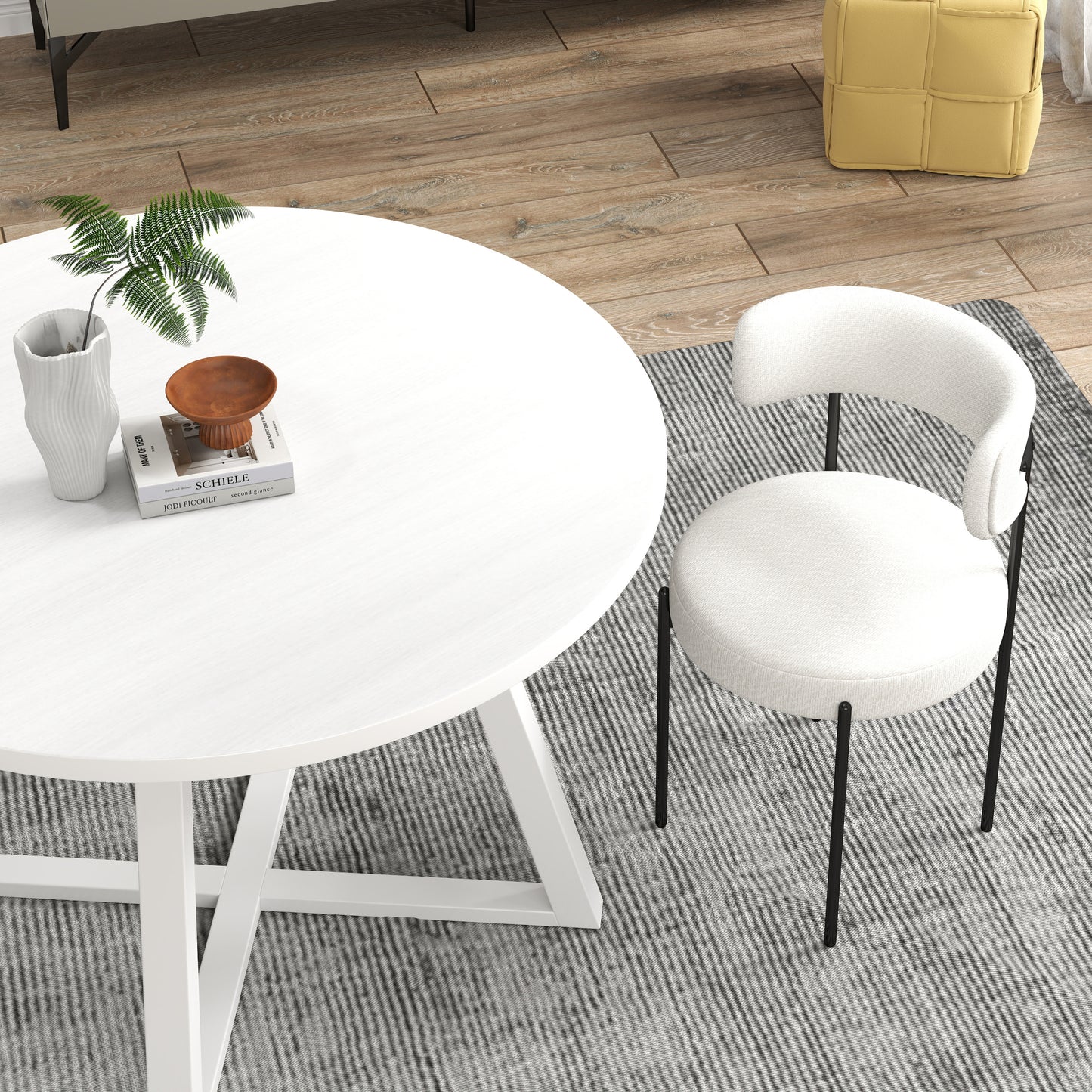 Trestle Round Dining Set With Two Chairs Three Piece Boucle