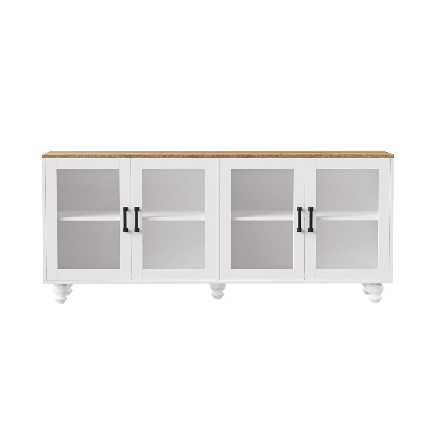 ON-TREND Farmhouse TV Stand with Tempered Glass Doors for TVs Up to 70", Versatile Sideboard with Adjustable Shelves, Elegant Buffet Cabinet with 5 Solid Wood Gourd-Shaped Legs for Living Room, White