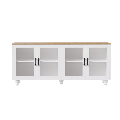 ON-TREND Farmhouse TV Stand with Tempered Glass Doors for TVs Up to 70", Versatile Sideboard with Adjustable Shelves, Elegant Buffet Cabinet with 5 Solid Wood Gourd-Shaped Legs for Living Room, White