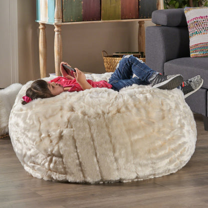 Modern 3-Foot Faux Fur Bean Bag Chair with Foam Fill, Removable Easy-Clean Cover for Living Room, White
