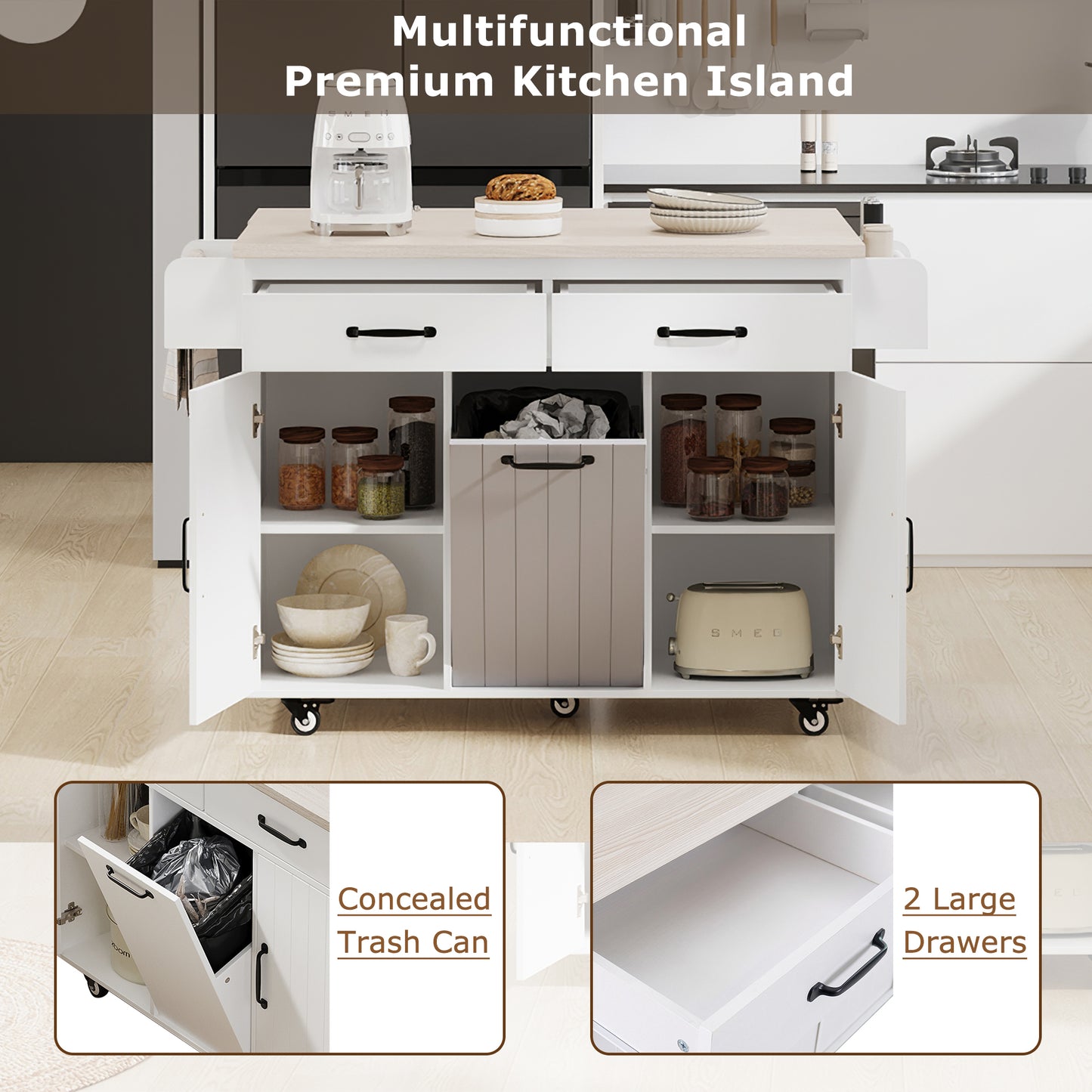 Rolling White Kitchen Island with Drop Leaf and Tilt-out Trash Can Storage, Spice Rack & Towel Rack