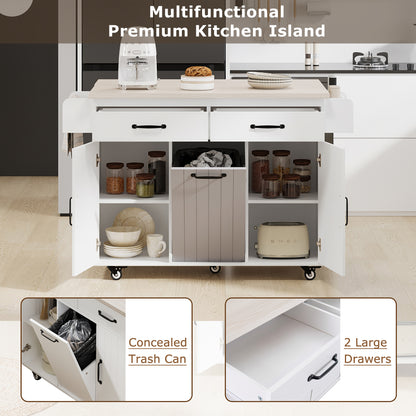 Rolling White Kitchen Island with Drop Leaf and Tilt-out Trash Can Storage, Spice Rack & Towel Rack