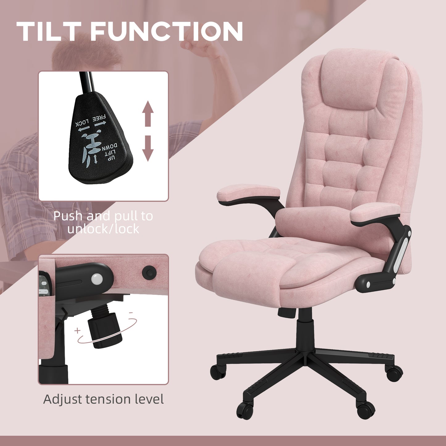 Pink Velvet Executive Office Chair with 6-Point Massage, Heat Function, and Reclining Backrest