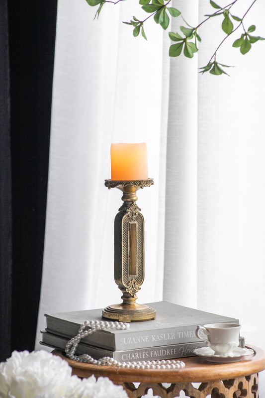 Antique-Style Cutout Candle Holder, 11-Inch Tall Table Decor, Resin/Stone Powder Base, Gold