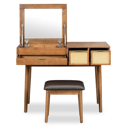 43.3-Inch Classic Wood Vanity Set with Flip-Top Mirror, Stool, 3 Drawers for Dressing Table Bedroom Brown