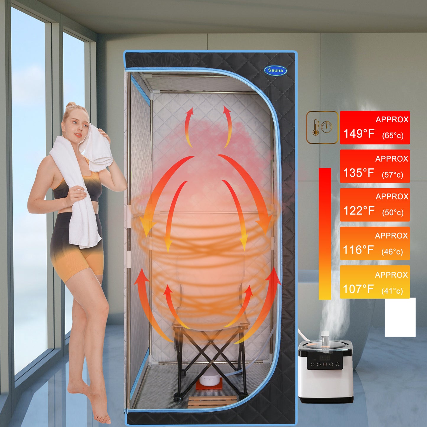Full Body Portable Steam Sauna Tent for Home Spa Large 31.5in Square 68.9in 1000W 2.6L Pot FCC Black