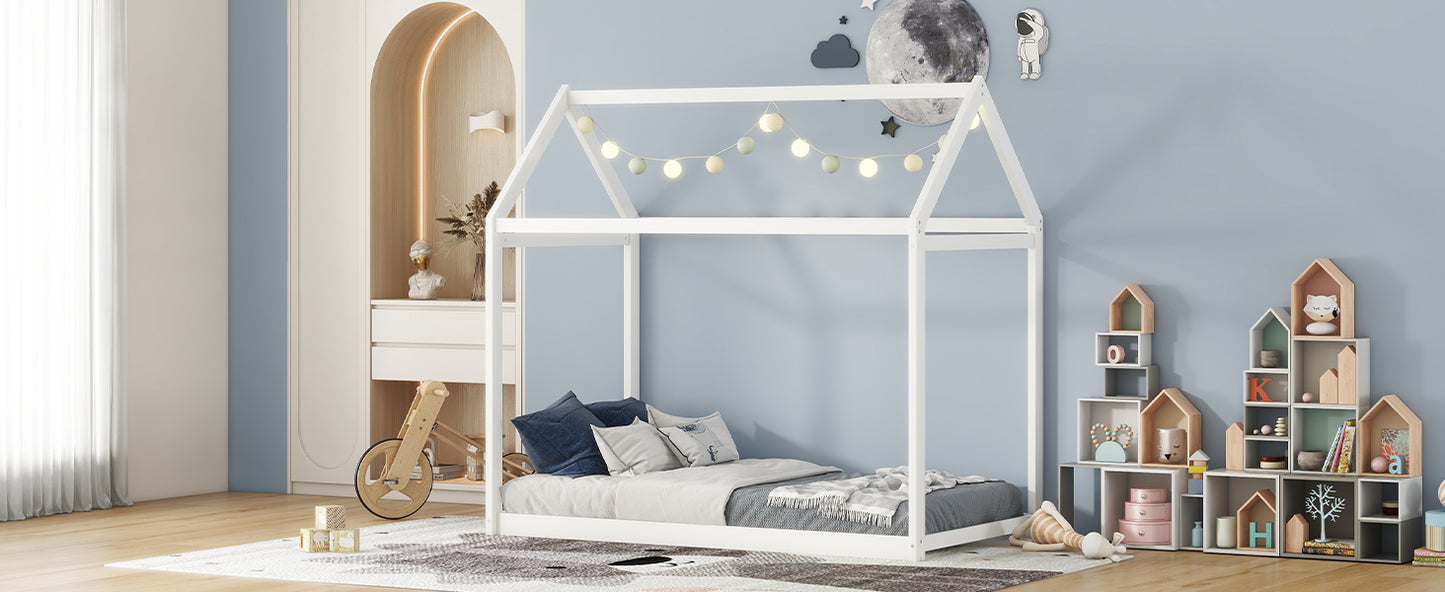 White Twin Size Pine Wood House Bed for Kids