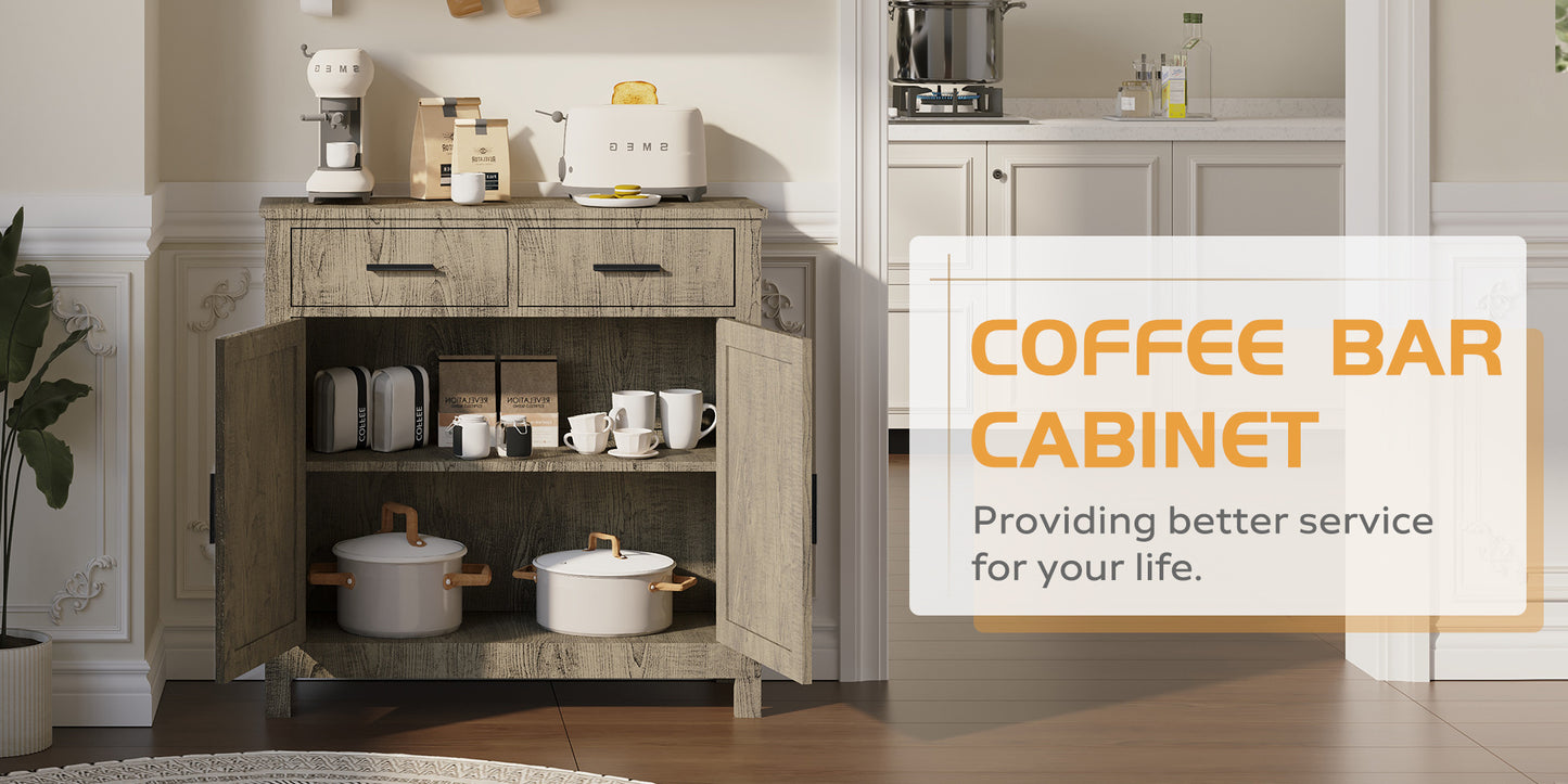 Kitchen Storage Cabinet, Modern Farmhouse Buffet Cabinet with Storage, Coffee Bar with 2 Drawers and 2 Doors, Floor Sideboard Buffet for Living Room, Dining Room, Bathroom,(Grey)