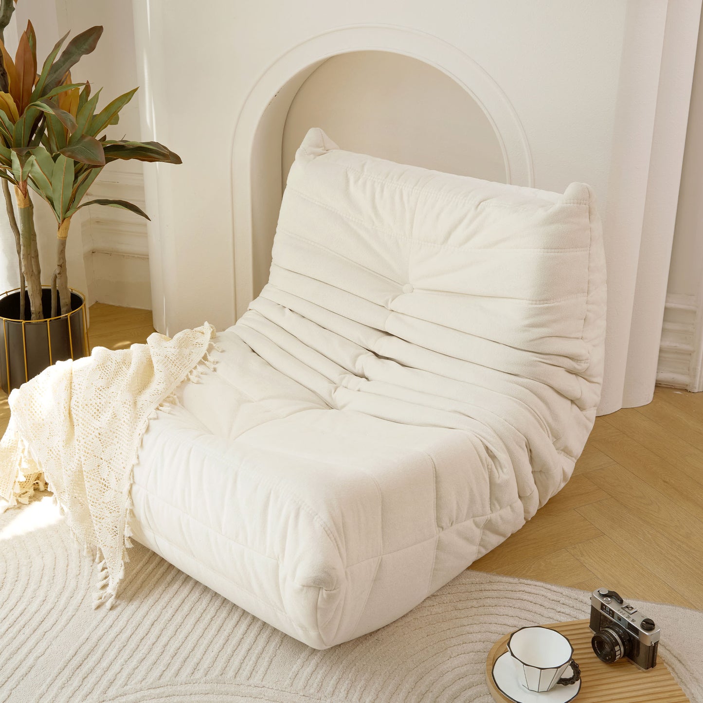 Adult Bean Bag Chair No Assembly Armless Lounge for Living Room or Gaming Foam Fill Off White