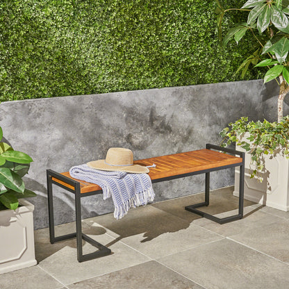Industrial Wood And Metal Bench With 54-Inch Length Acacia Wood Seat And Metal Frame For Dining Room Or Entryway Teak