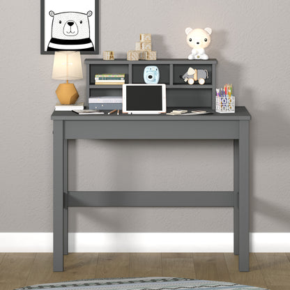 Sleek Gray Wood Writing Desk with Hutch and Cable Management