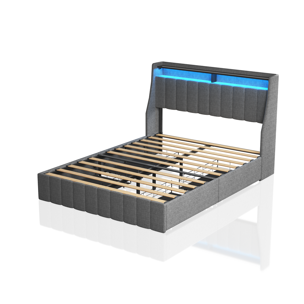Light Grey Full Size Bed Frame with RGB LED Lighting and 4 Storage Drawers