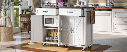 Farmhouse Rolling Kitchen Island with Power Outlet, Drop Leaf, Spice Rack, and Storage Drawers - 53.5'' White Cart for Kitchen and Dining Room