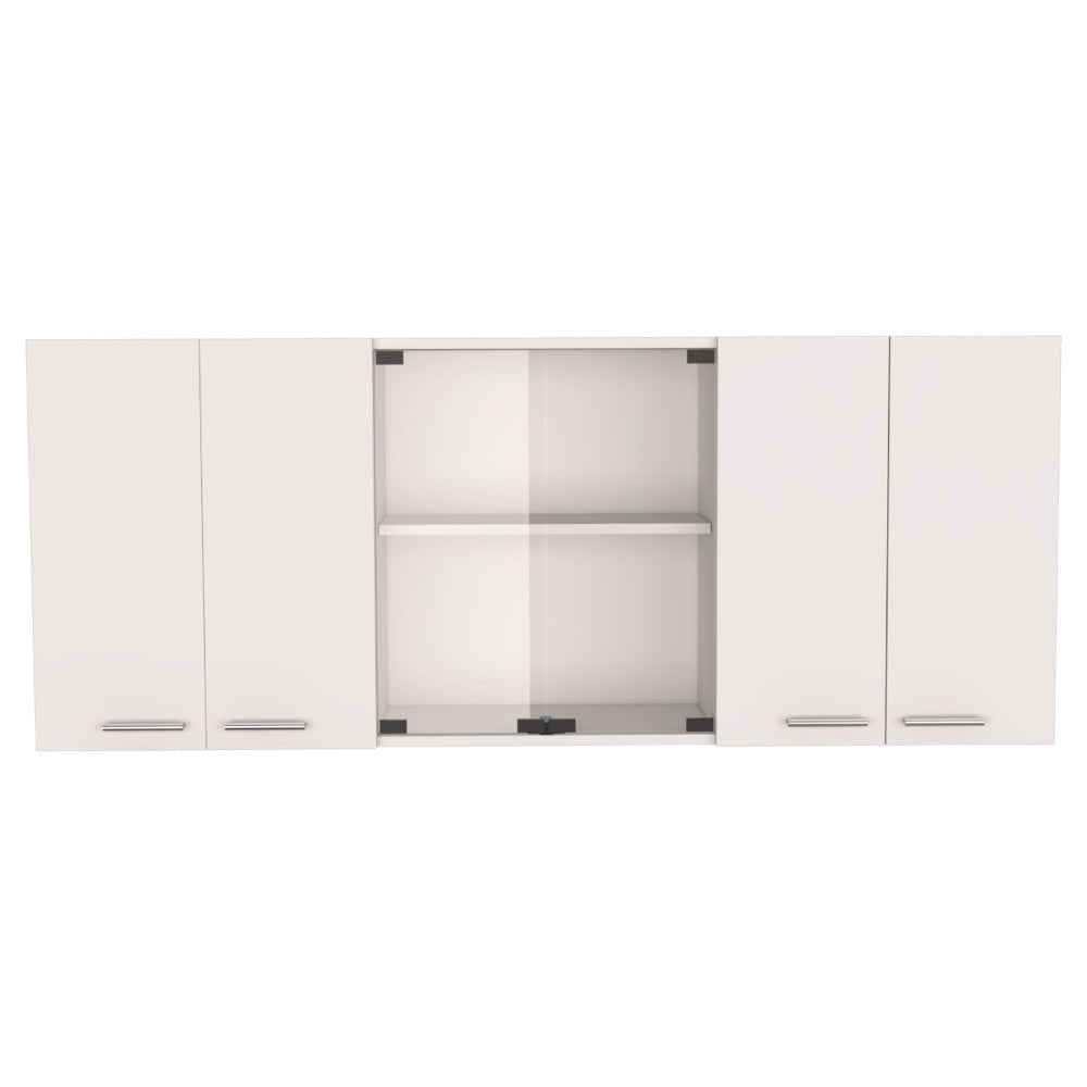 Elegant White and Walnut 2-Piece Kitchen Set with Island and Glass-Front Wall Cabinet