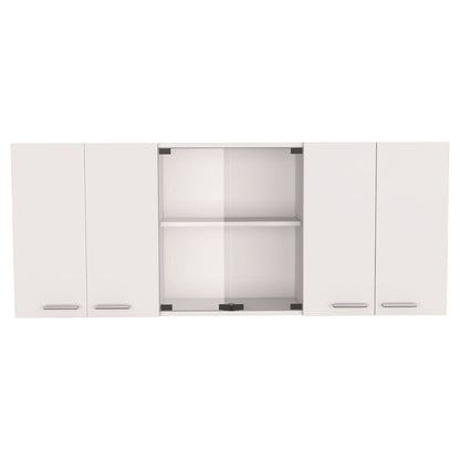Elegant White and Walnut 2-Piece Kitchen Set with Island and Glass-Front Wall Cabinet