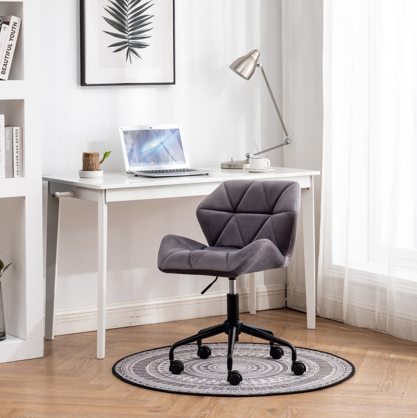 Gray Velvet Adjustable Swivel Office Chair with Diamond Tufting