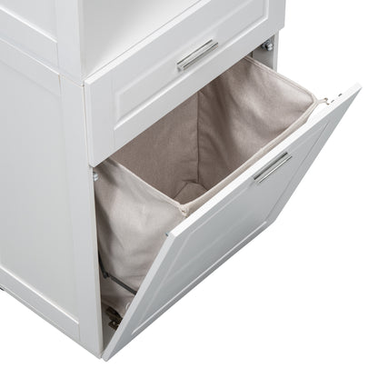 White Tall Storage Cabinet with Tilt-Out Laundry Hamper and Upper Shelves