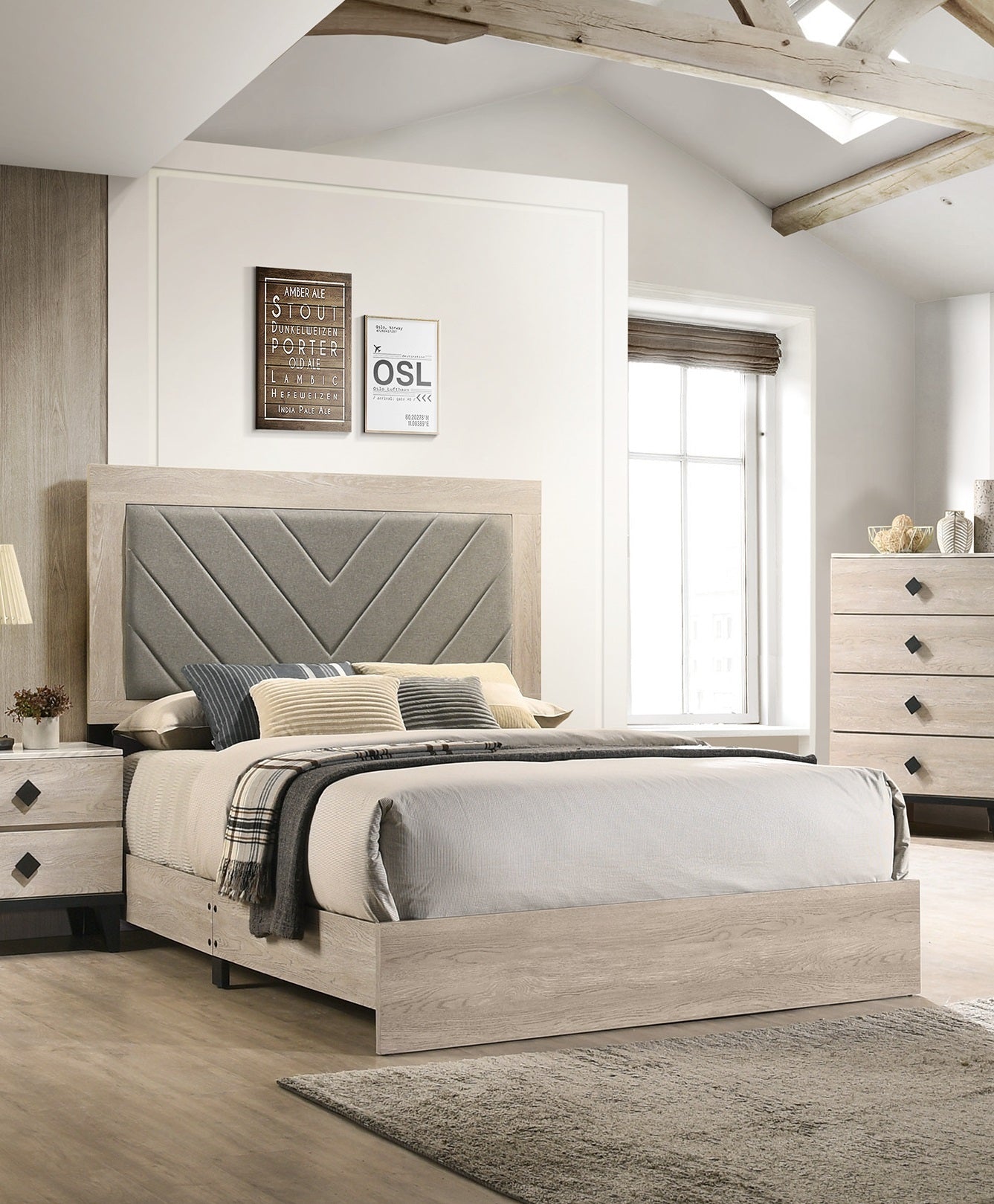 Elegant Cream California King Bed with Gray V-Design Headboard - Premium Rubberwood Frame