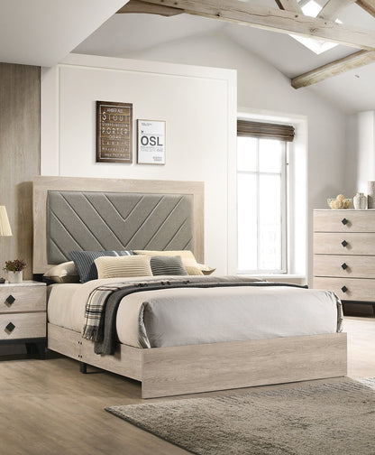 Elegant Cream California King Bed with Gray V-Design Headboard - Premium Rubberwood Frame
