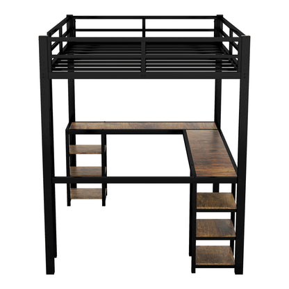 Stylish Full XL Metal Loft Bed with Integrated Desk and Storage Shelves, Ideal Space-Saving Solution for Bedrooms, Black Finish