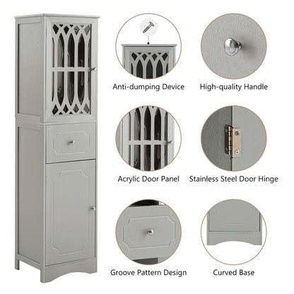Sleek Grey Freestanding Bathroom Storage Cabinet with Adjustable Shelves and Acrylic Doors