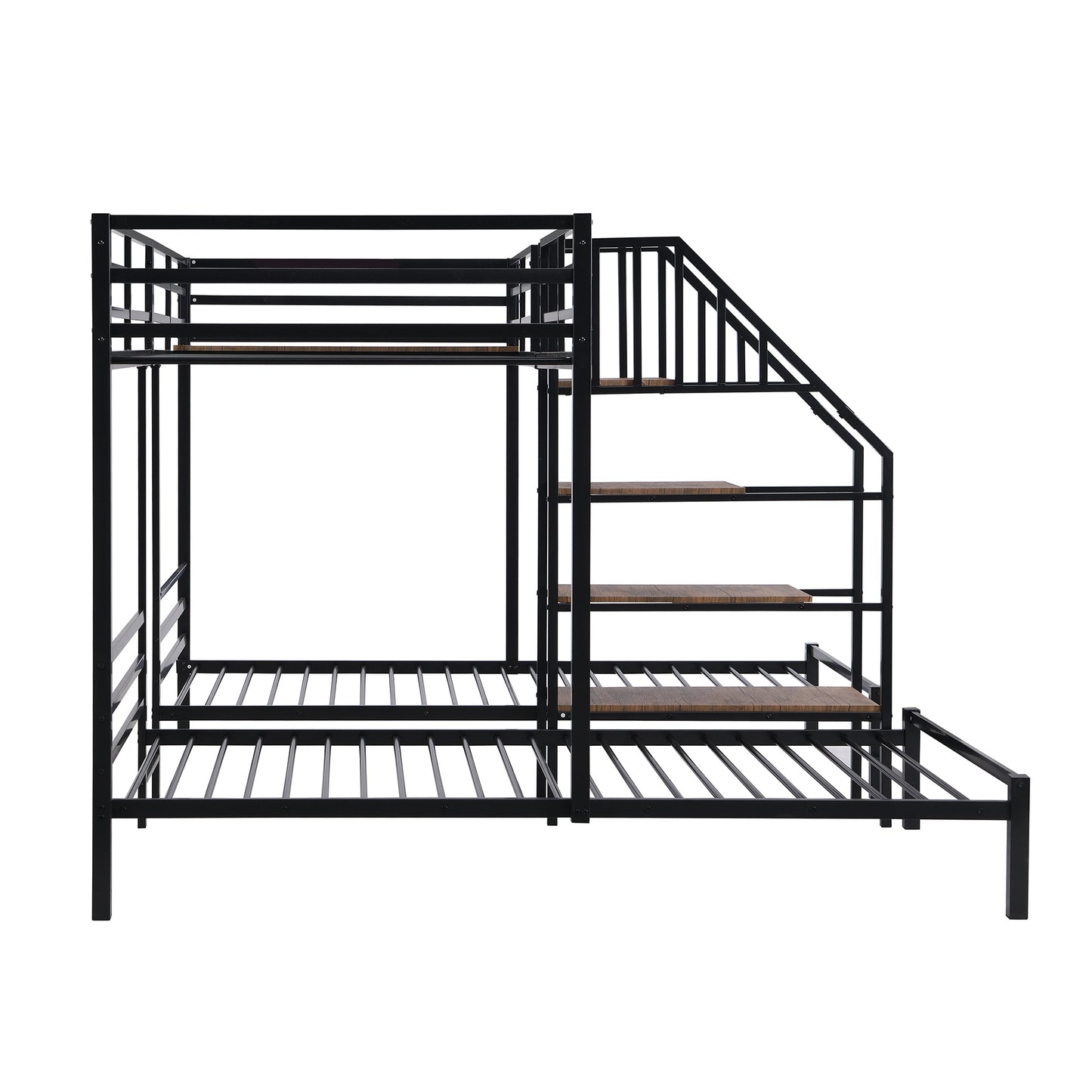 Black Metal Triple Bunk Bed with Storage Shelves and Staircase - Twin Over Twin Configuration