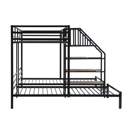 Black Metal Triple Bunk Bed with Storage Shelves and Staircase - Twin Over Twin Configuration