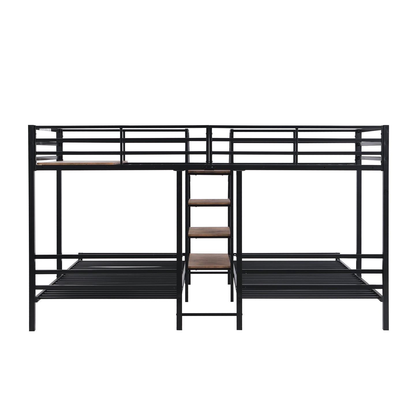 Black Metal Triple Bunk Bed with Storage Shelves and Staircase - Twin Over Twin Configuration