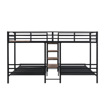 Black Metal Triple Bunk Bed with Storage Shelves and Staircase - Twin Over Twin Configuration