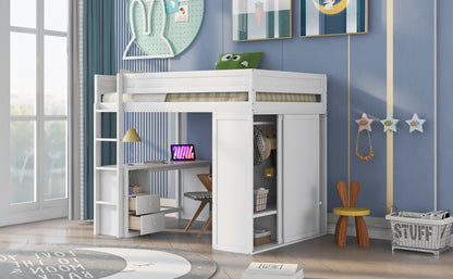 Space-Saving White Wood Loft Bed with Integrated Wardrobes and 2-Drawer Desk