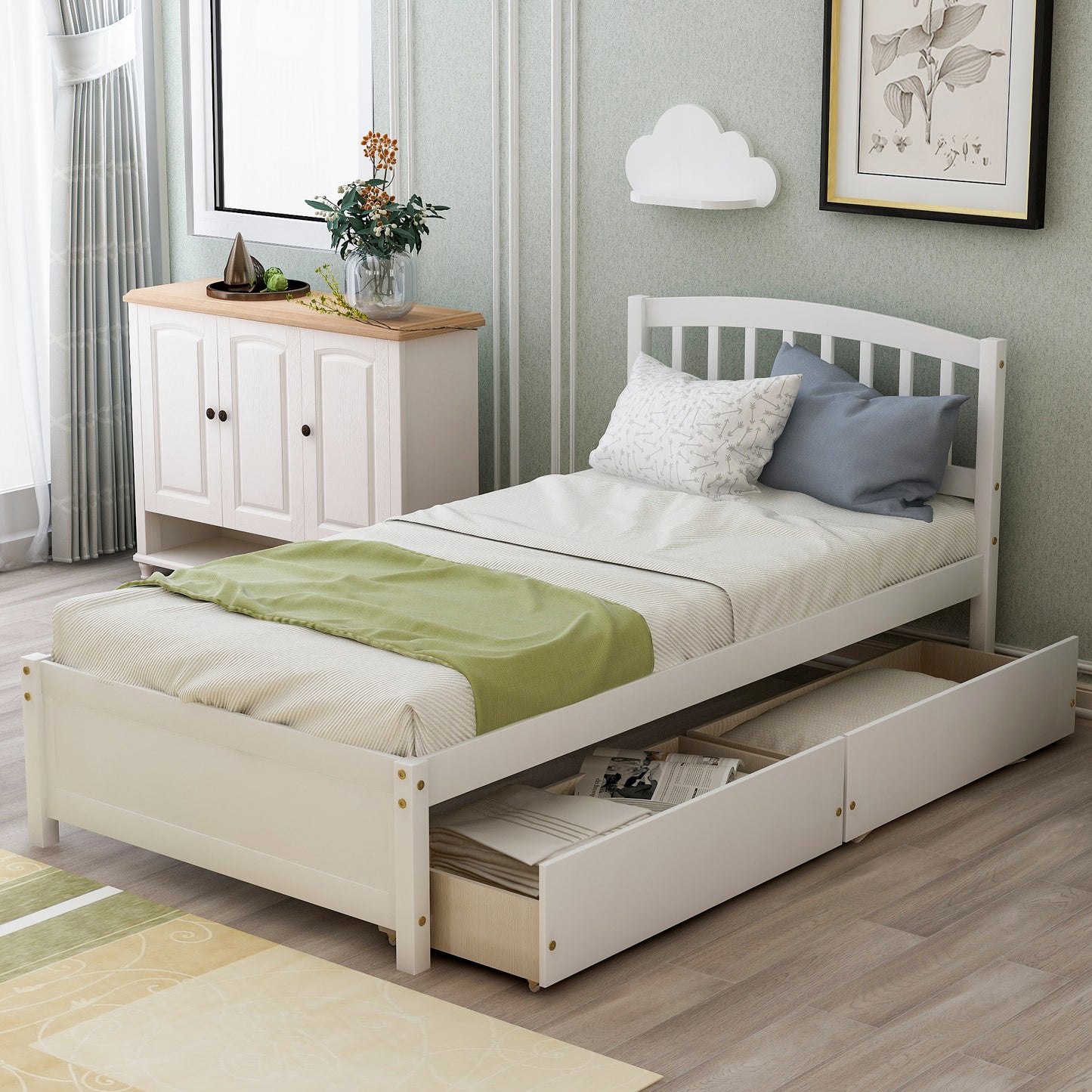 Elegant White Twin Platform Bed with Storage Drawers and Headboard