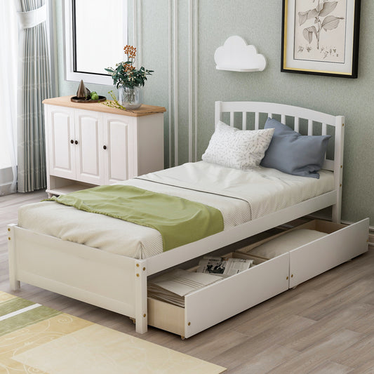 Elegant White Twin Platform Bed with Storage Drawers and Headboard