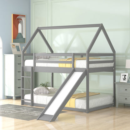 Gray Twin Bunk House Bed with Slide and Ladder for Kids