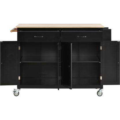 Versatile Kitchen Island Cart with Locking Wheels, Solid Wood Top, Ample Storage and Spice Rack (Black)