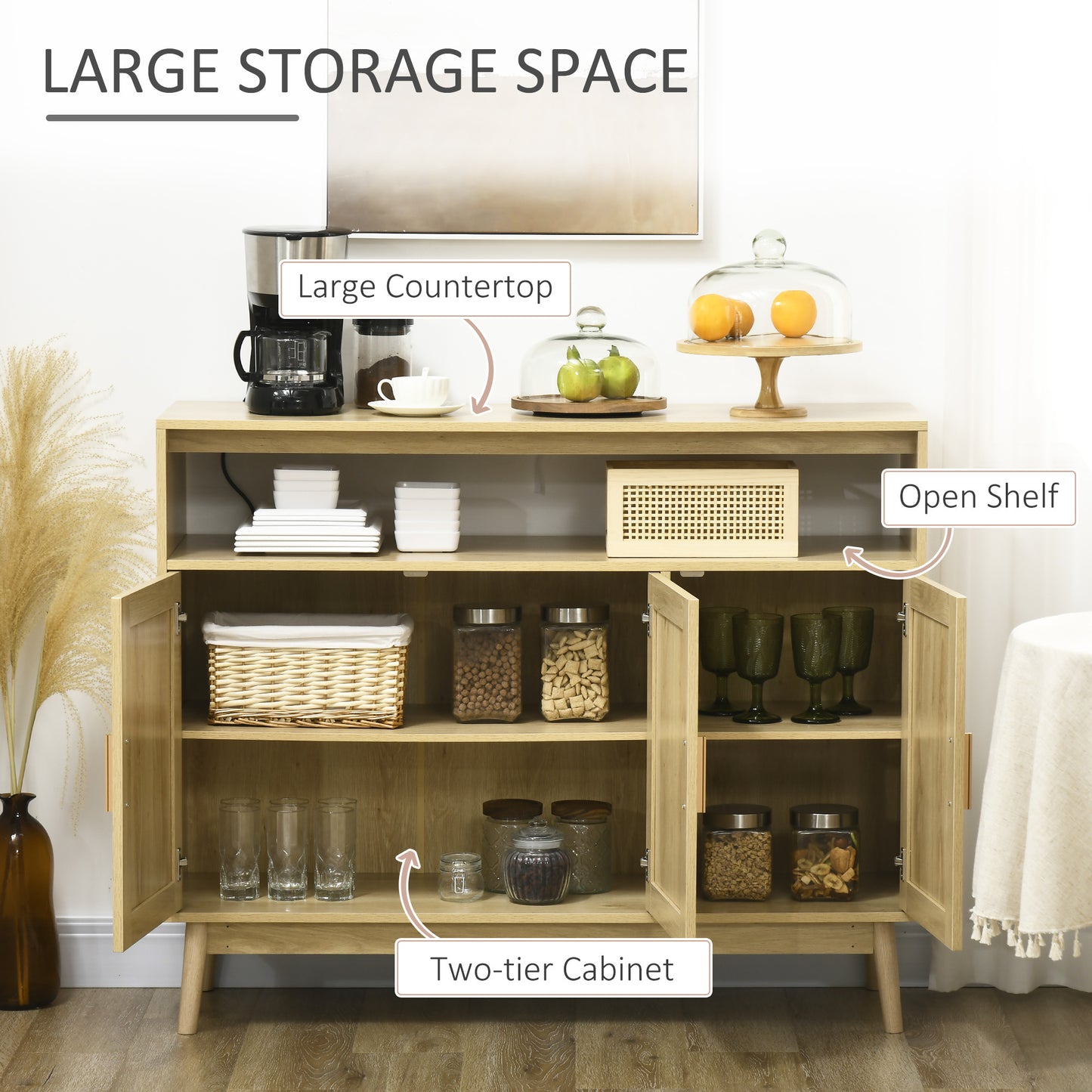 HOMCOM Boho Sideboard Buffet Cabinet with Rattan Doors, Natural