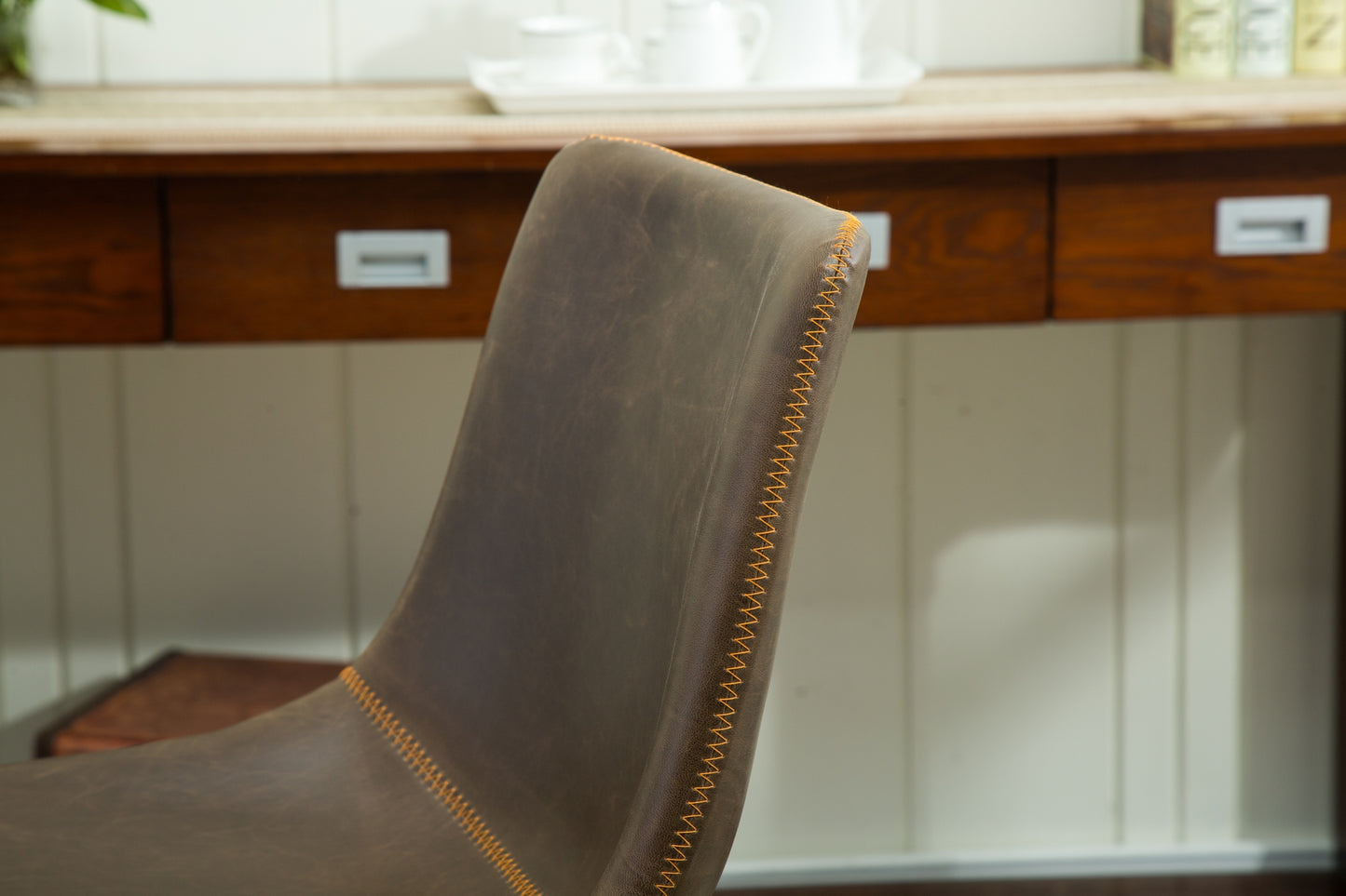 Vintage PU Leather Dining Chairs, Set of 2, Frame, Molded Seat, 18.5W x 22.25D x 31.5H, Antique Brown