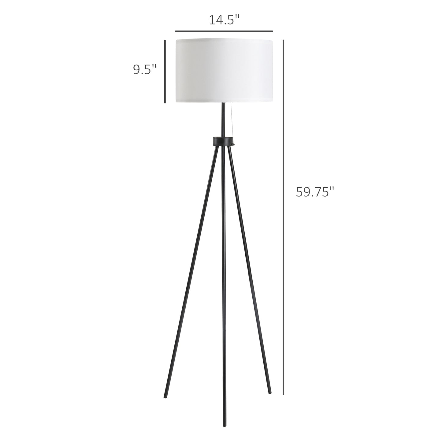 59.75-Inch Tripod Floor Lamp with Pull Chain, Steel Frame, Fabric Shade, E26 Socket, 118-Inch Cord, Black
