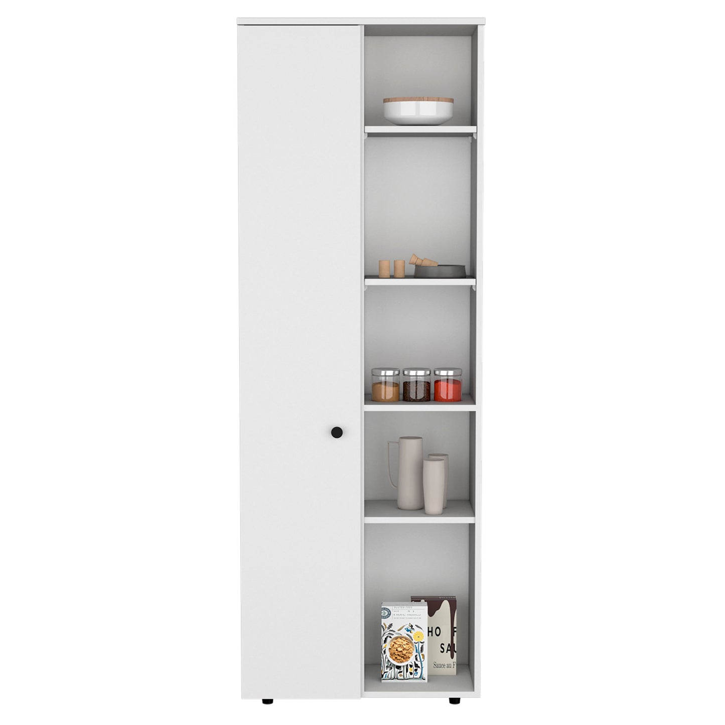 Cary Modern White Kitchen Pantry Cabinet with Multiple Shelves and Doors, 67" H