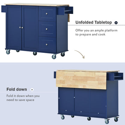 Versatile Rolling Kitchen Cart with Drop Leaf - Sturdy Solid Wood Top, Locking Wheels & Ample Storage (Dark Blue)