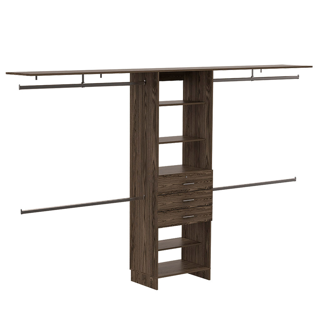 Plego Adjustable Drawers Closet System with Five Shelves and Four Hanging Rods - Dark Walnut Finish